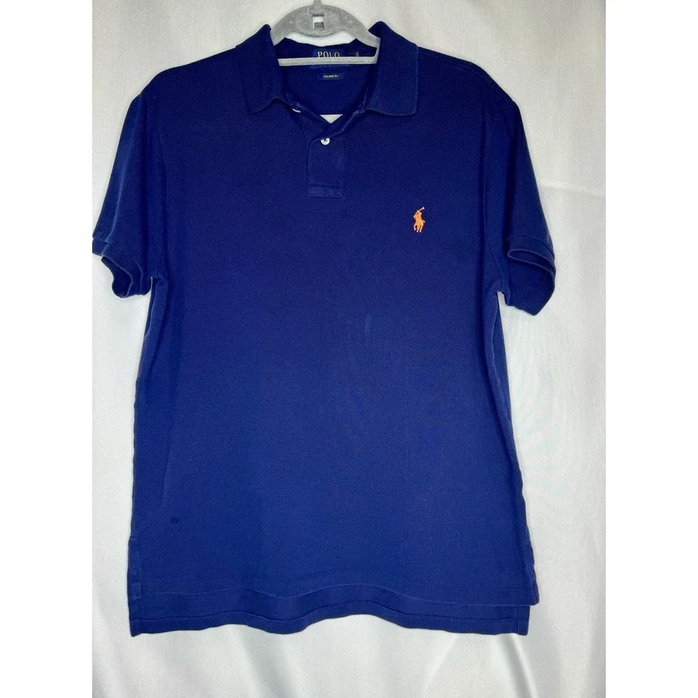 Polo Ralph Lauren Polo Shirt Men Large Navy Blue Custom Fit Orange Pony Pique‎